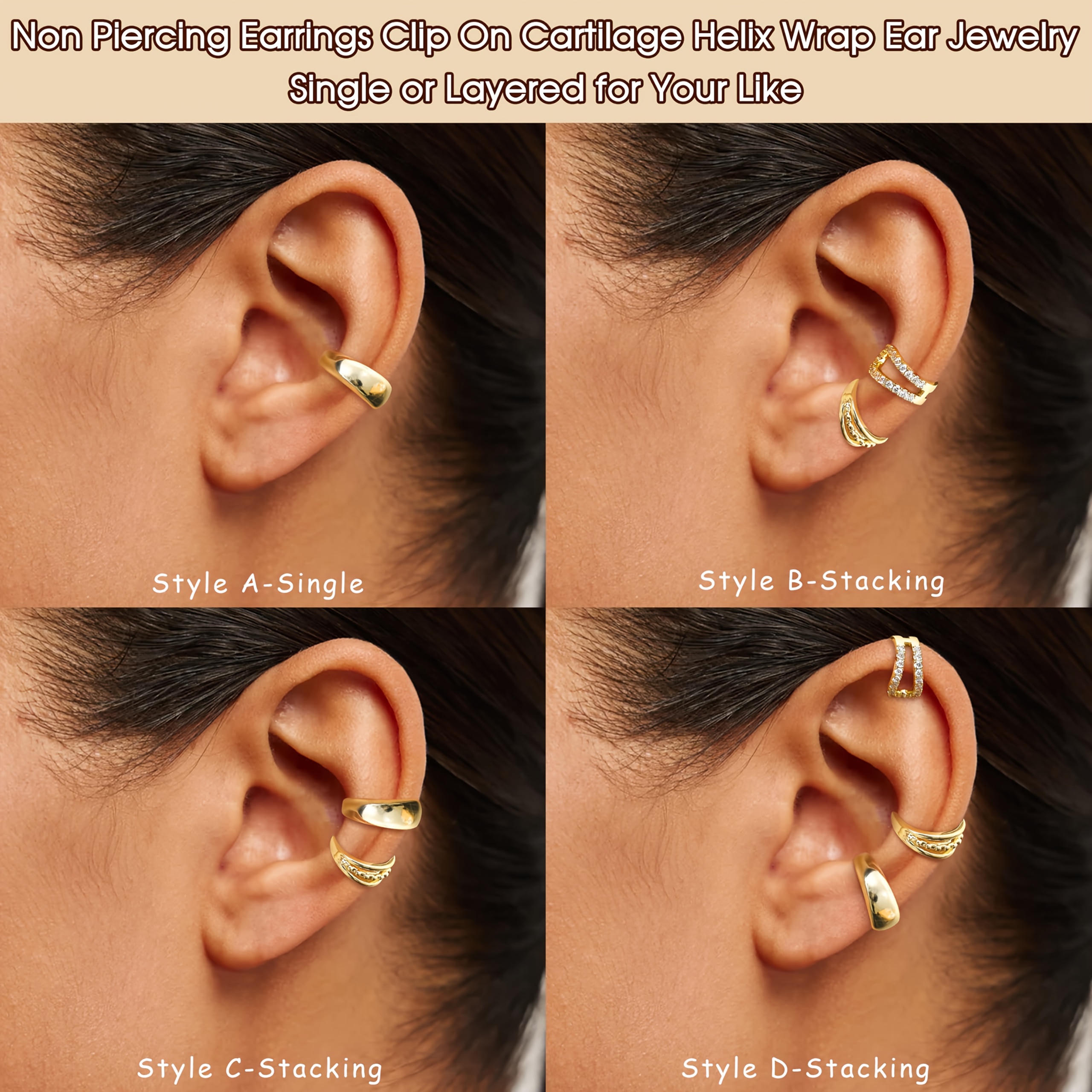 3pc Golden Ear Clips No Piercing Geometric Ear Jewelry Set